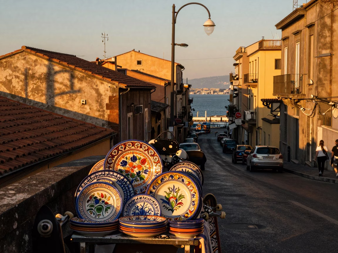 Golden Hour Street Scene in Naples Italy with Majolica Plates and Skateboard in in Naples, Italy