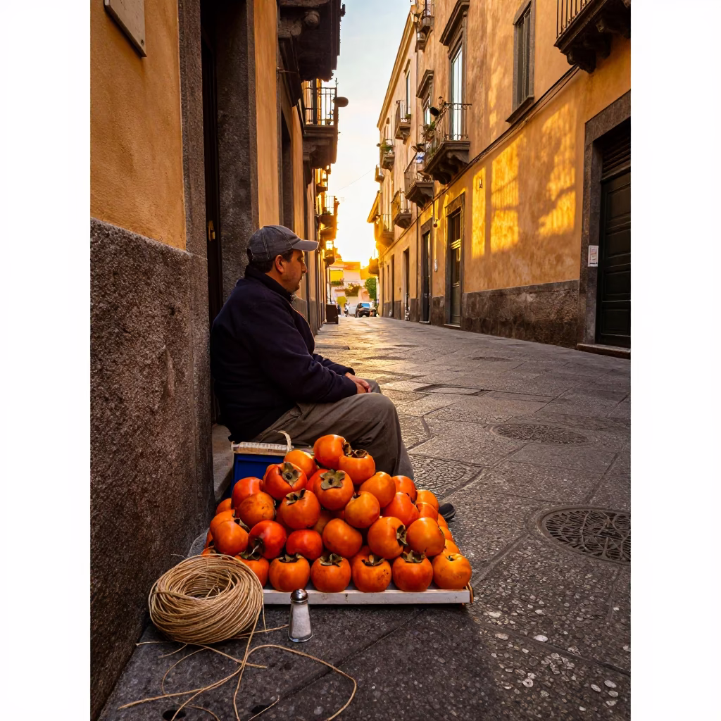 Golden Hour Street Scene in Naples Italy with Persimmons and Salt Shaker in in Naples, Italy