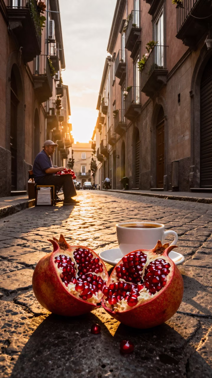 Golden Hour Street Scene in Naples Italy with Pomegranate and Coffee Cup in in Naples, Italy
