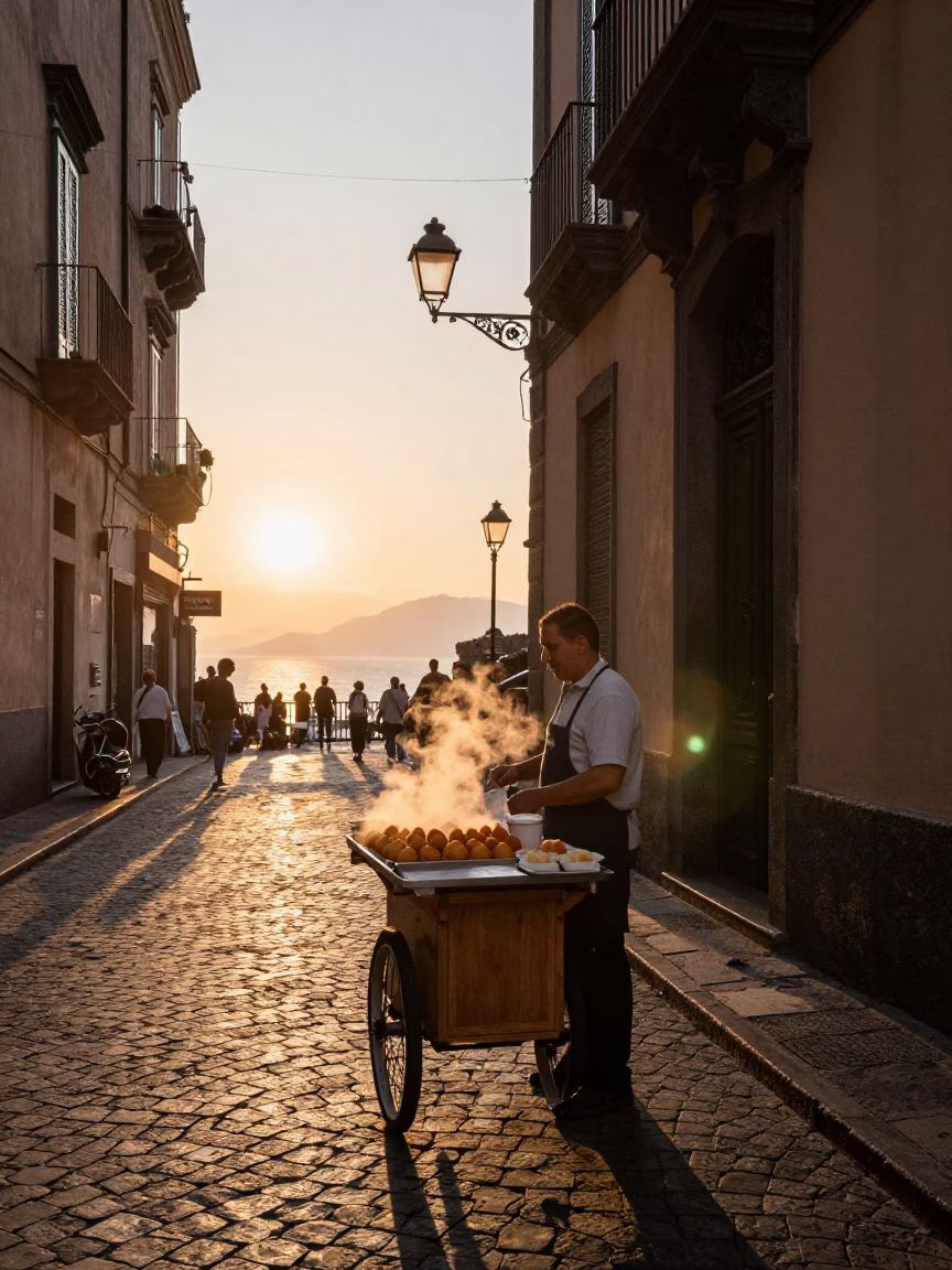 Golden Hour Street Scene in Naples Italy with Steaming Arancini and Rustic Details in in Naples, Italy
