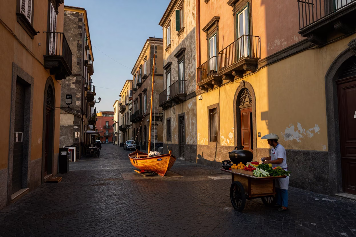 Golden Hour Street Scene in Naples Italy with Wooden Sailboat and Cooking Pot in in Naples, Italy