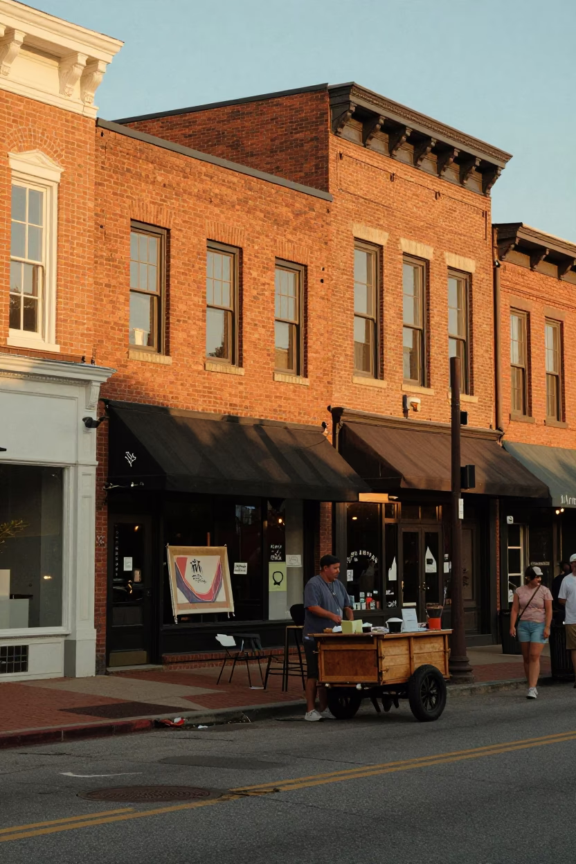 Golden Hour Street Scene in Nashville Tennessee Featuring Iron Hook and Canvas in in Nashville, Tennessee, United States