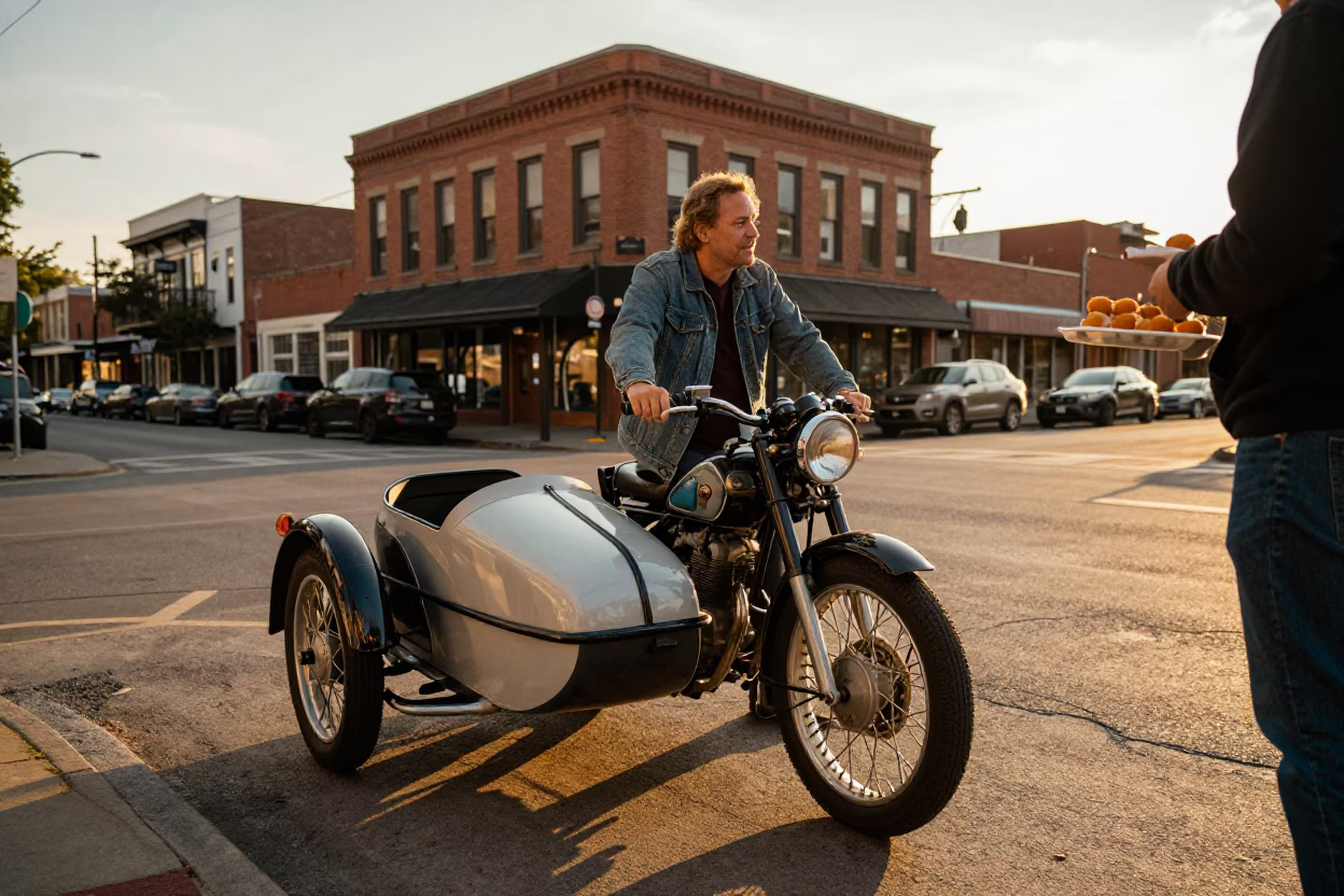 Golden Hour Street Scene in Nashville Tennessee Vintage Motorcycle and Sidecar in in Nashville, Tennessee, United States