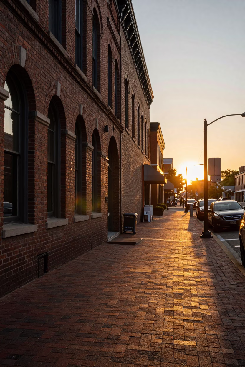 Golden Hour Street Scene in Nashville Tennessee with Brick Architecture and Ivy in in Nashville, Tennessee, United States