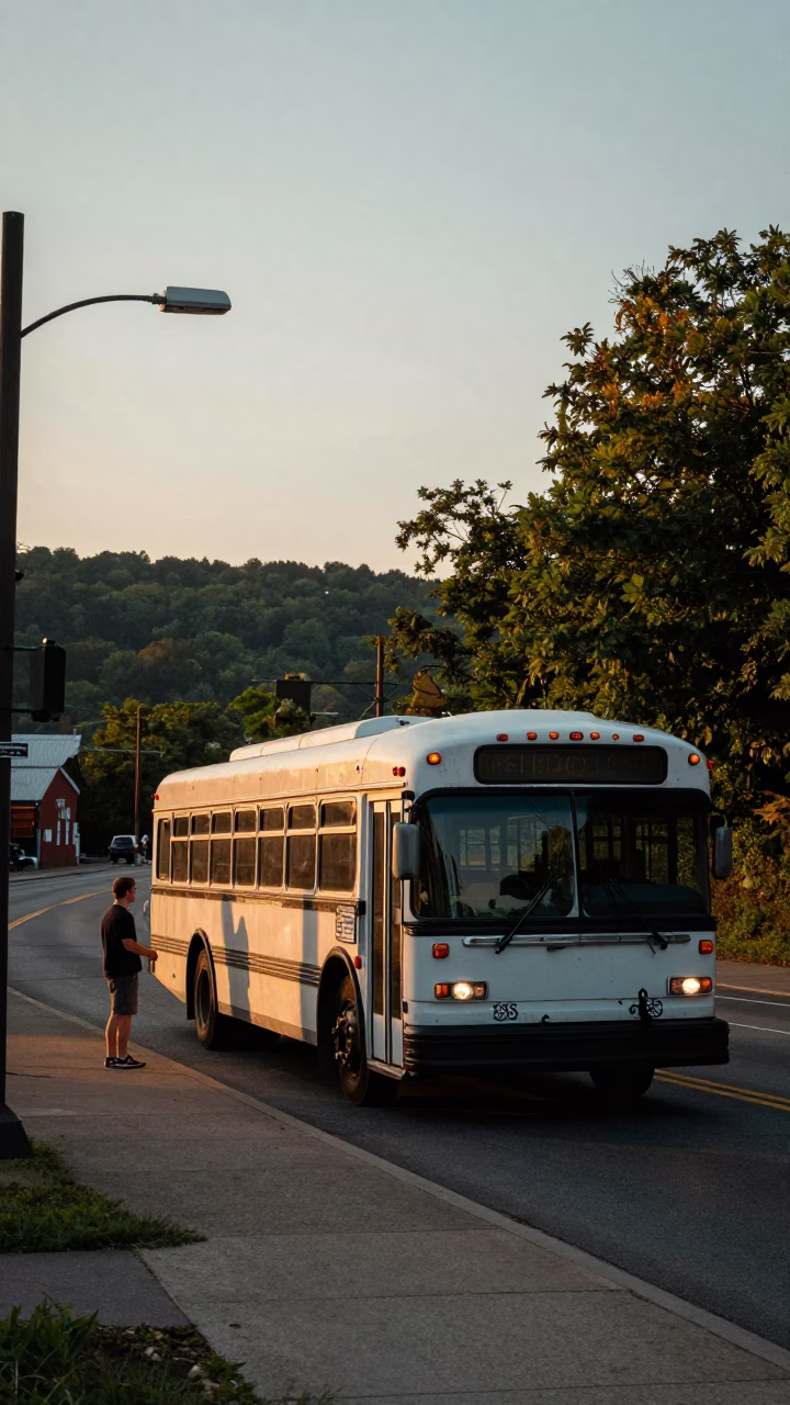 Golden Hour Street Scene in Nashville Tennessee with Classic Bus and Local Interaction in in Nashville, Tennessee, United States