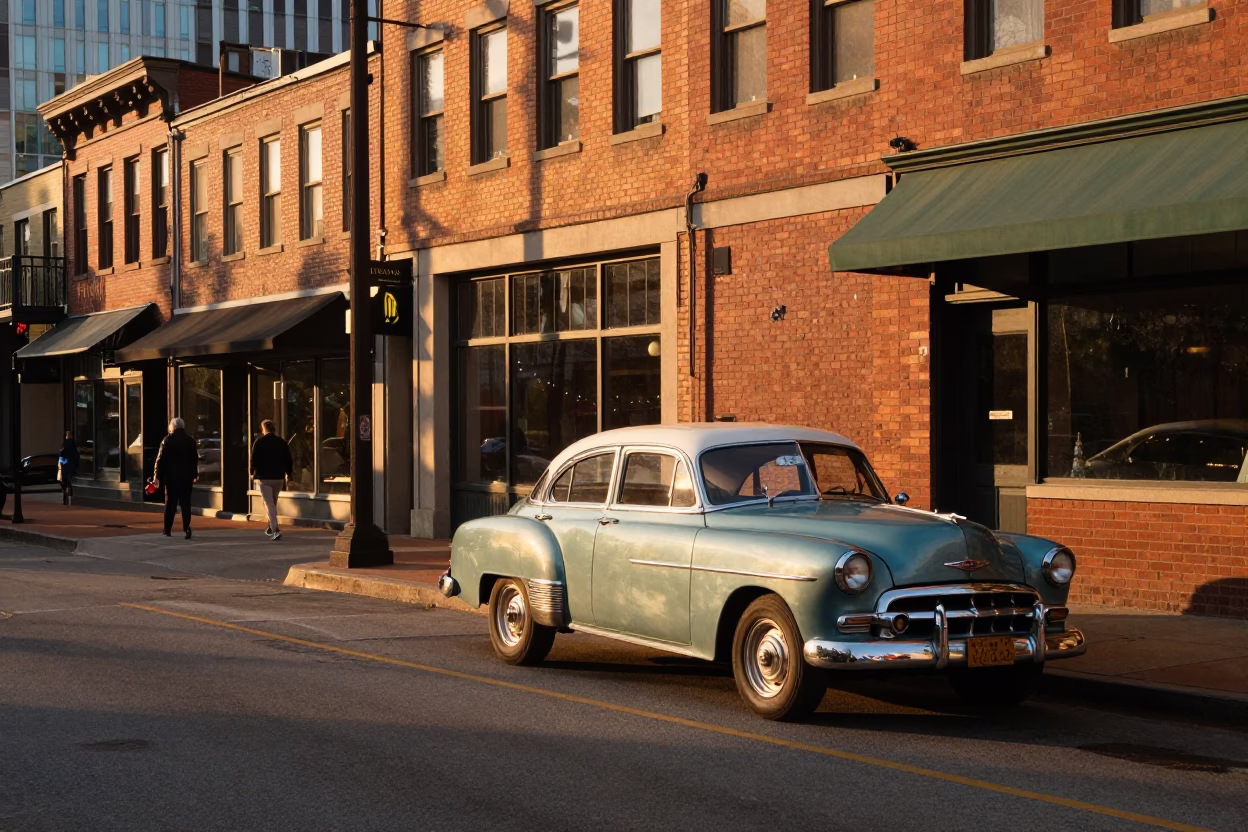 Golden Hour Street Scene in Nashville Tennessee with Vintage Car and Pedestrian in in Nashville, Tennessee, United States