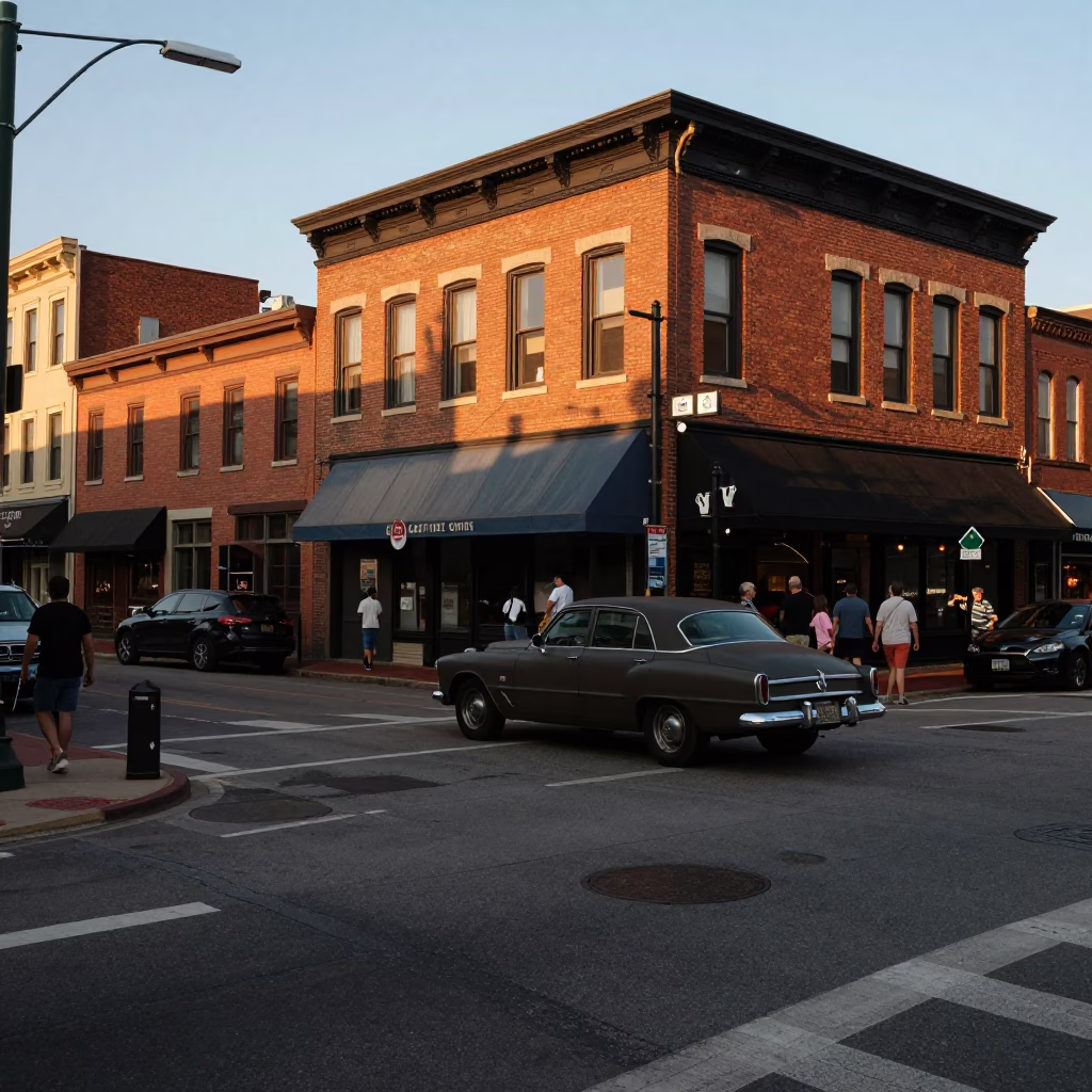 Golden Hour Street Scene in Nashville Tennessee with Vintage Car and Pedestrians in in Nashville, Tennessee, United States