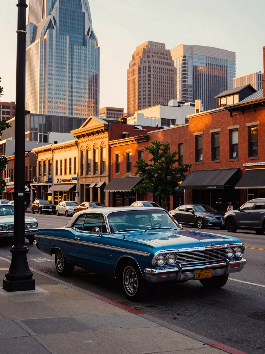 Golden Hour Street Scene in Nashville Tennessee with Vintage Cars and City Skyline in in Nashville, Tennessee, United States