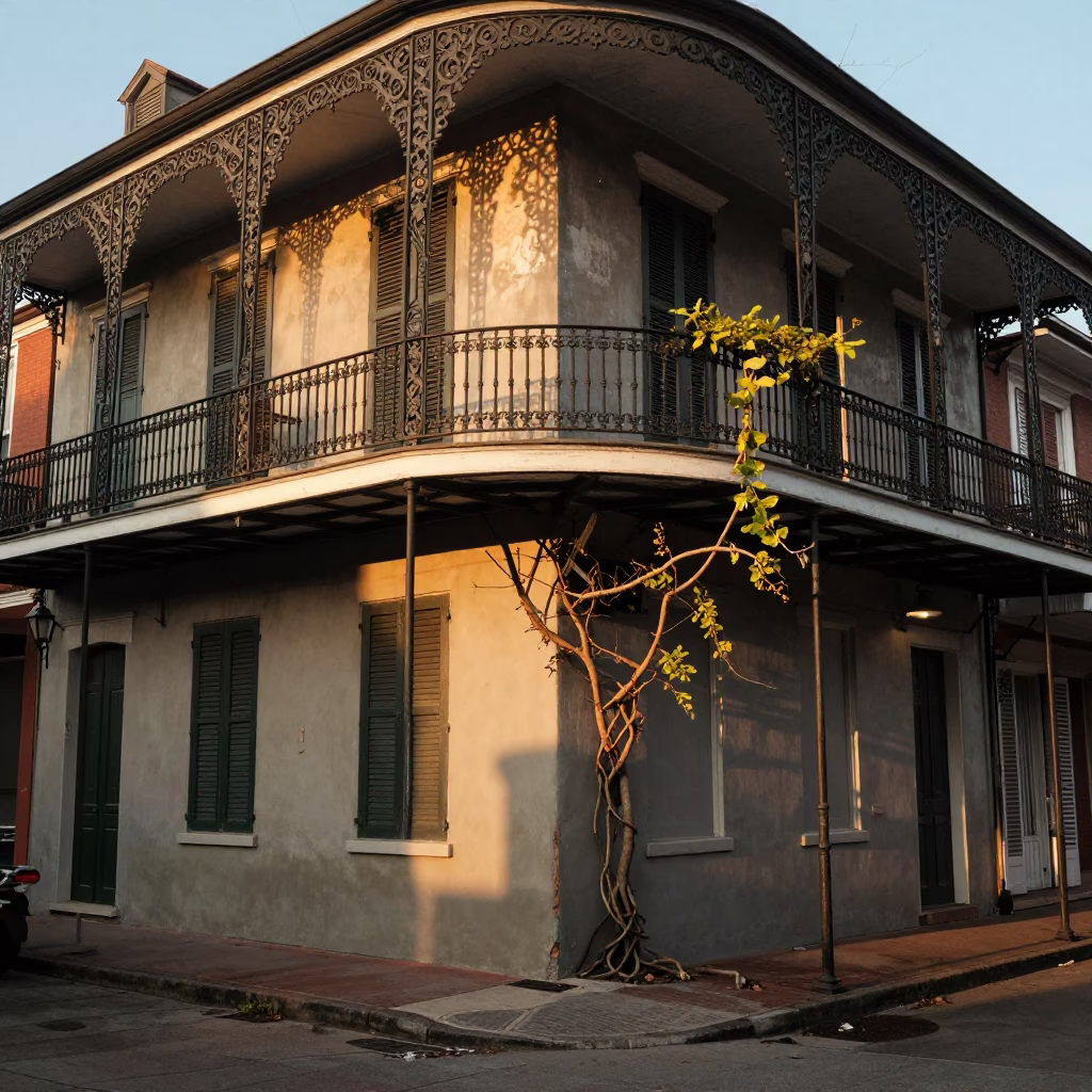 Golden Hour Street Scene in New Orleans Louisiana with Balconies and Vines in in New Orleans, Louisiana, United States