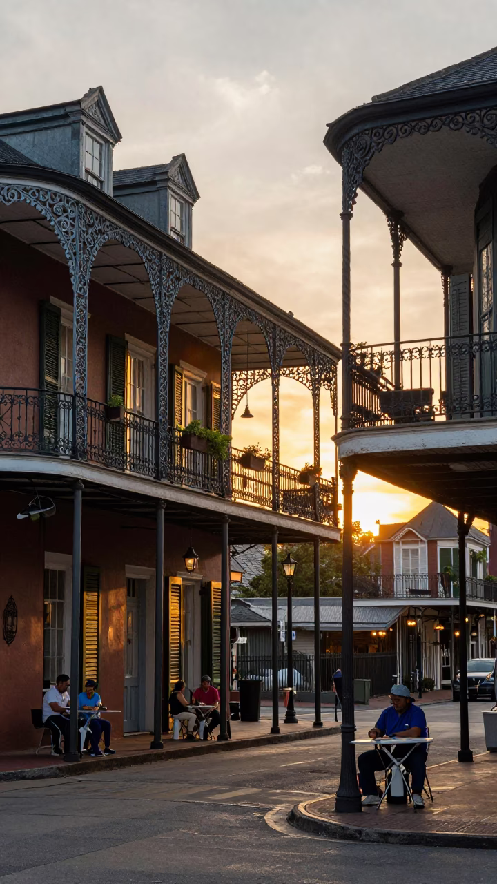 Golden Hour Street Scene in New Orleans Louisiana with Historic Architecture and Local Life in in New Orleans, Louisiana, United States