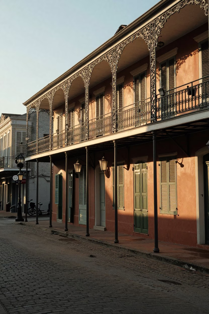 Golden Hour Street Scene in New Orleans Louisiana with Iron Balconies and Local Life in in New Orleans, Louisiana, United States