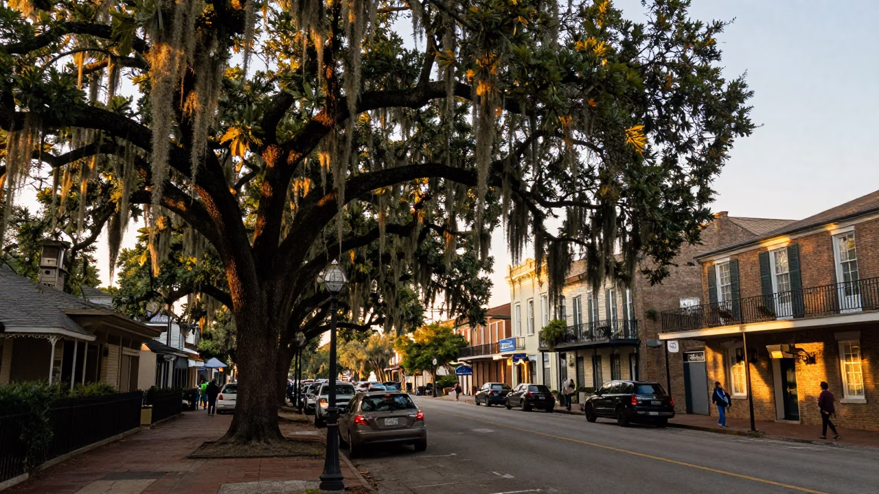 Golden Hour Street Scene in New Orleans Louisiana with Live Oak and Spanish Moss in in New Orleans, Louisiana, United States