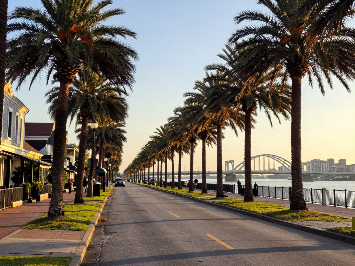 Golden Hour Street Scene in New Orleans Louisiana with Palm Tree Avenue and Drawbridge in in New Orleans, Louisiana, United States