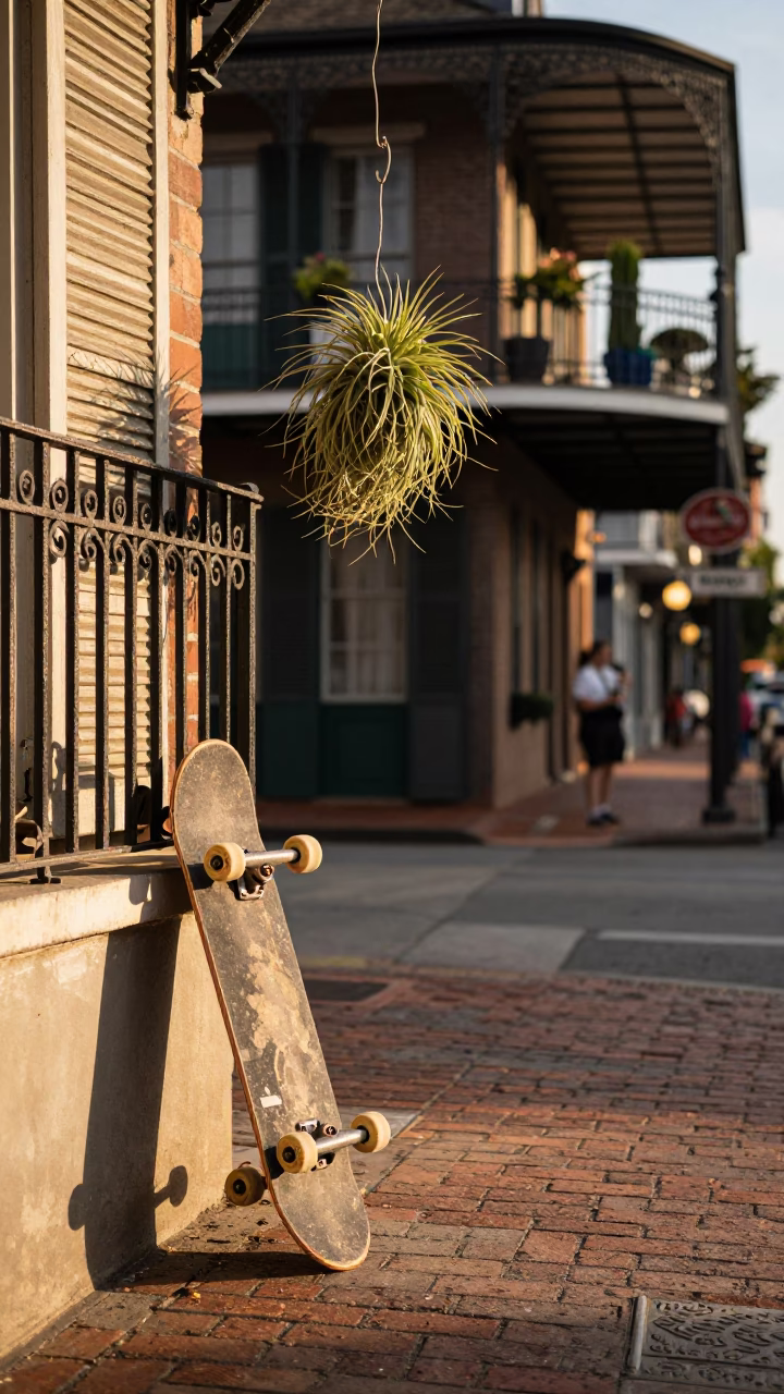 Golden Hour Street Scene in New Orleans Louisiana with Skateboard and Air Plant in in New Orleans, Louisiana, United States