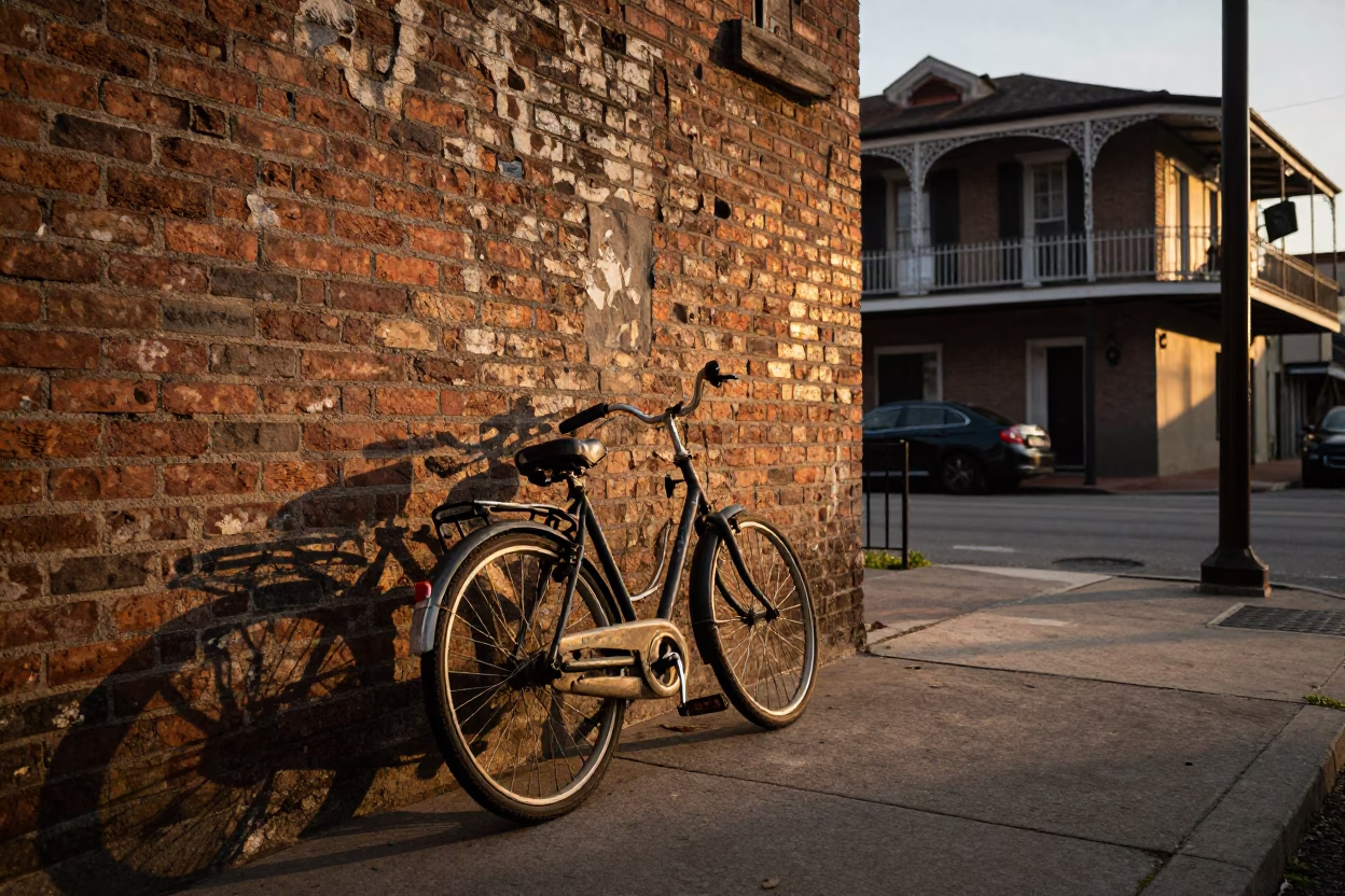 Golden Hour Street Scene in New Orleans Louisiana with Vintage Bicycle and Local Architecture in in New Orleans, Louisiana, United States