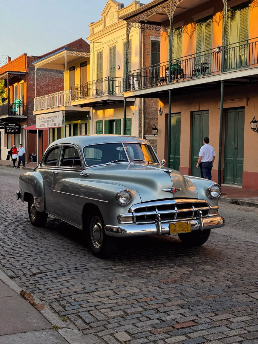 Golden Hour Street Scene in New Orleans Louisiana with Vintage Car and Local Life in in New Orleans, Louisiana, United States