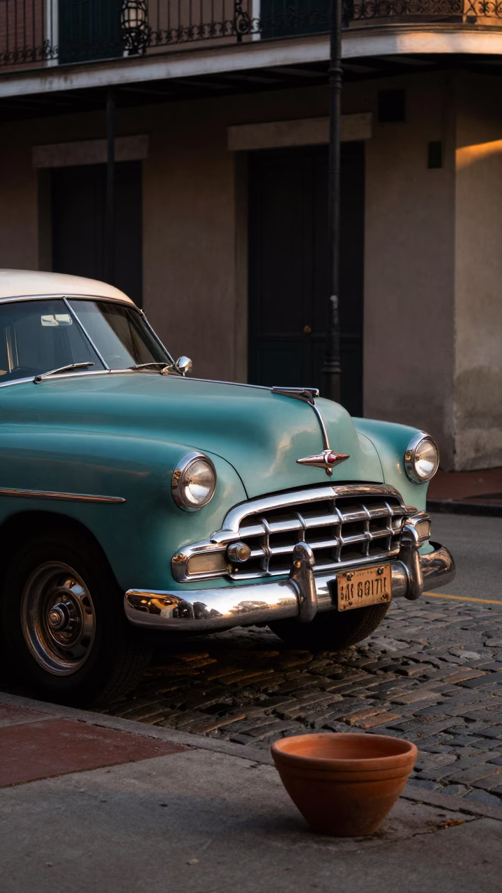 Golden Hour Street Scene in New Orleans Louisiana with Vintage Car and Terracotta Bowl in in New Orleans, Louisiana, United States