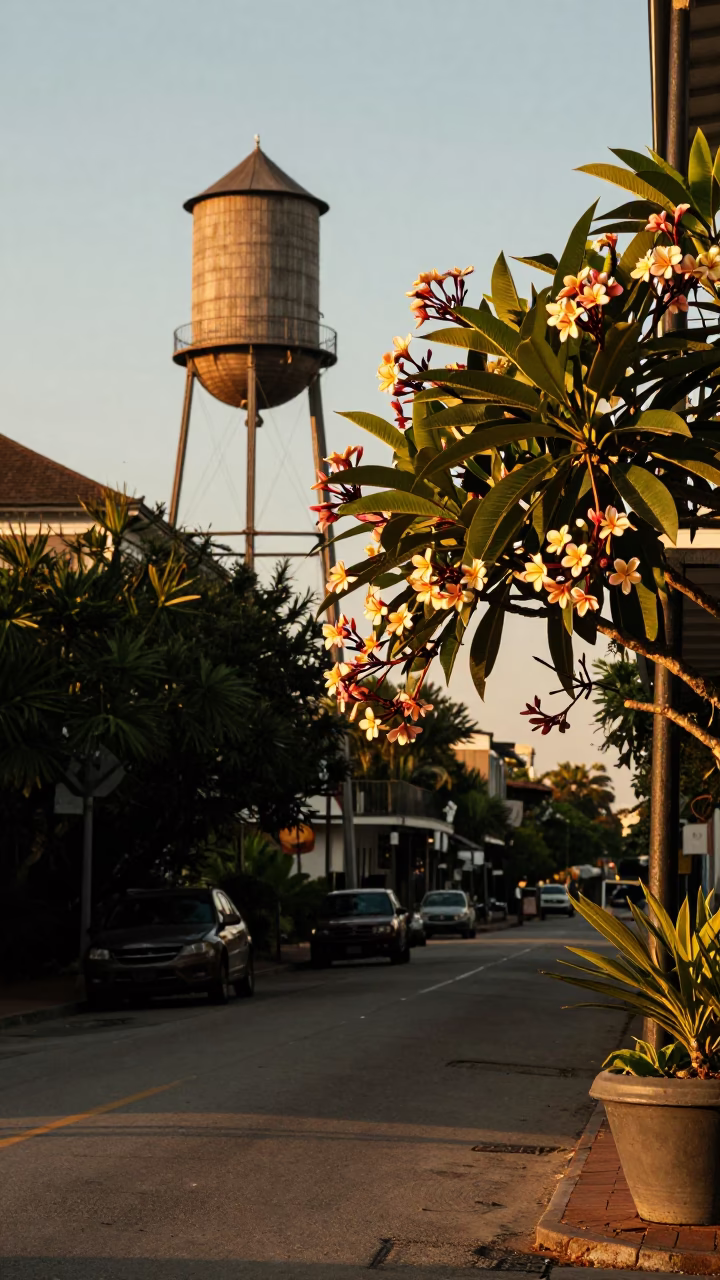Golden Hour Street Scene in New Orleans Louisiana with Water Tower and Frangipani in in New Orleans, Louisiana, United States