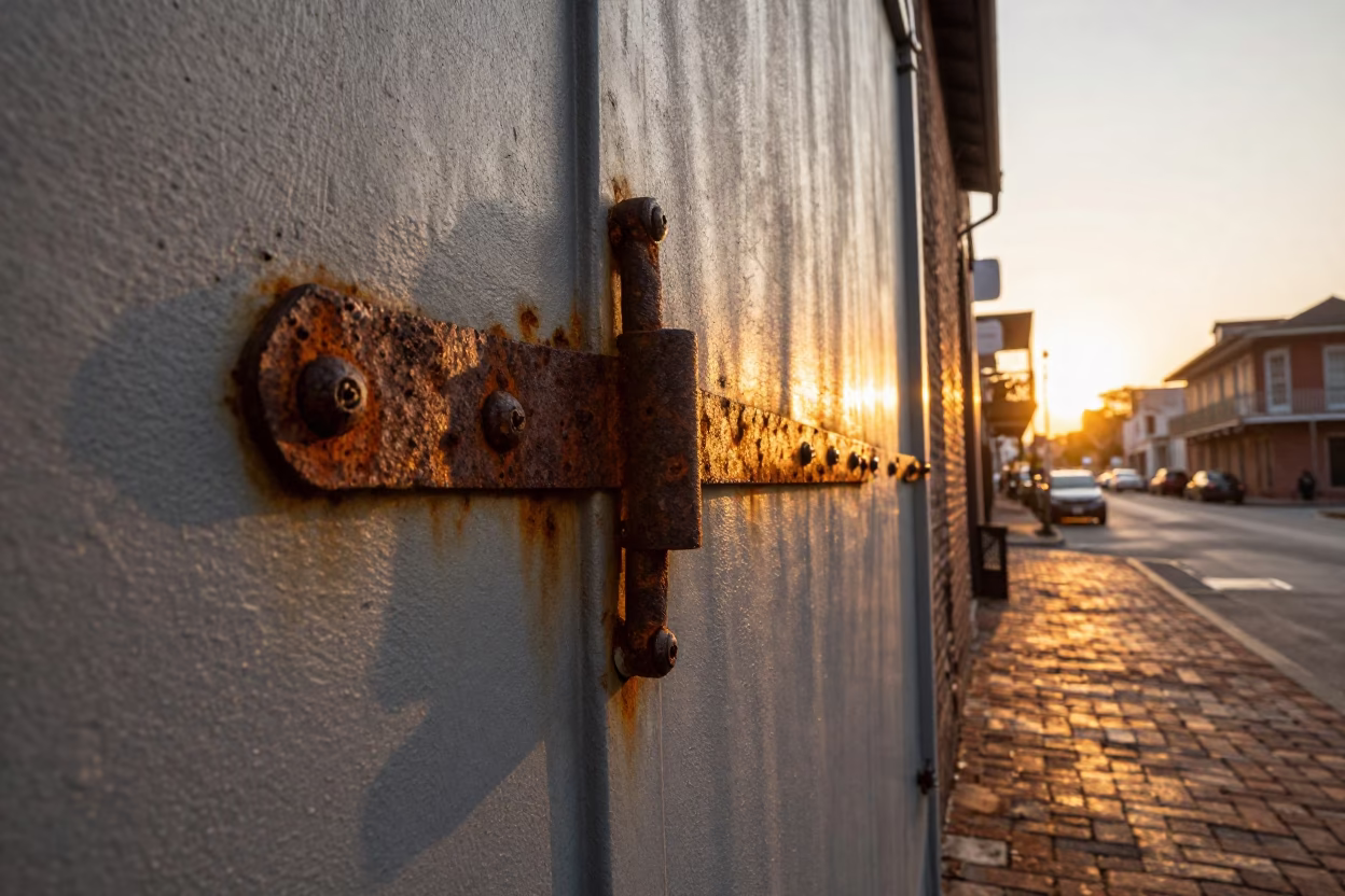 Golden Hour Street Scene in New Orleans Louisiana with Weathered Metal and Rusty Hinges in in New Orleans, Louisiana, United States