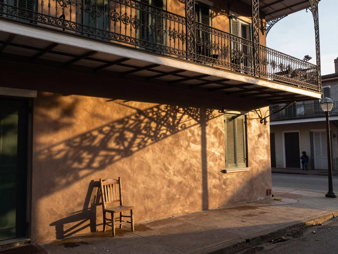 Golden Hour Street Scene in New Orleans Louisiana with Wicker Shadow on Chair in in New Orleans, Louisiana, United States