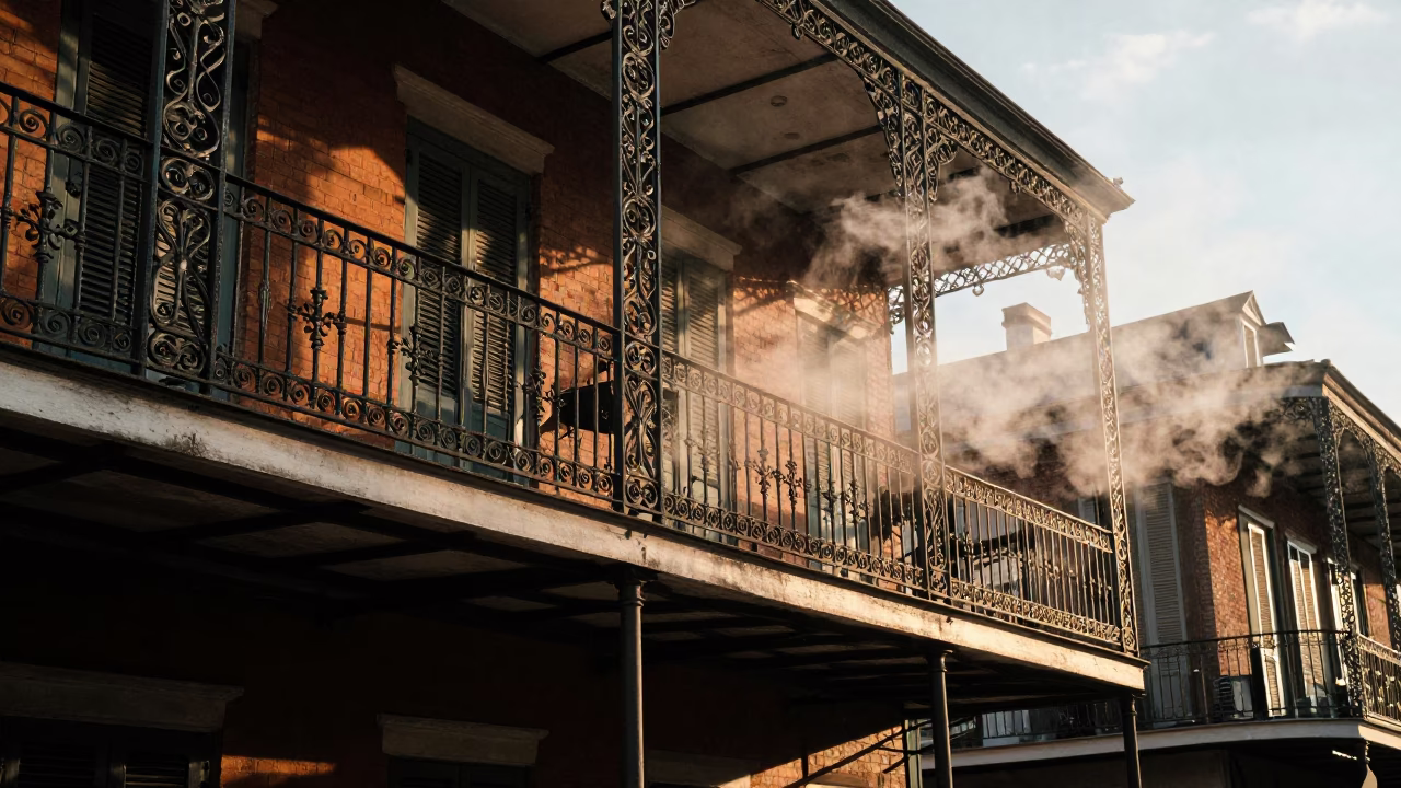 Golden Hour Street Scene in New Orleans with Steam and Urban Details in in New Orleans, Louisiana, United States
