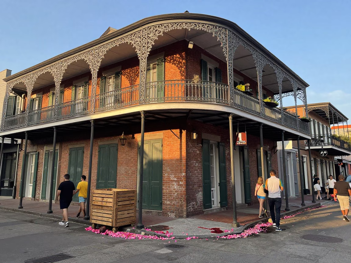 Golden Hour Street Scene in New Orleans with Wooden Crate and Flower Petals in in New Orleans, Louisiana, United States