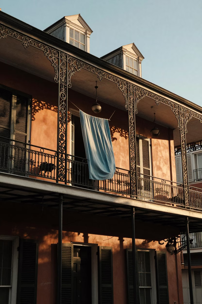 Golden Hour Street Scene in New Orleans with Wrought Iron Balcony and Vintage Details in in New Orleans, Louisiana, United States