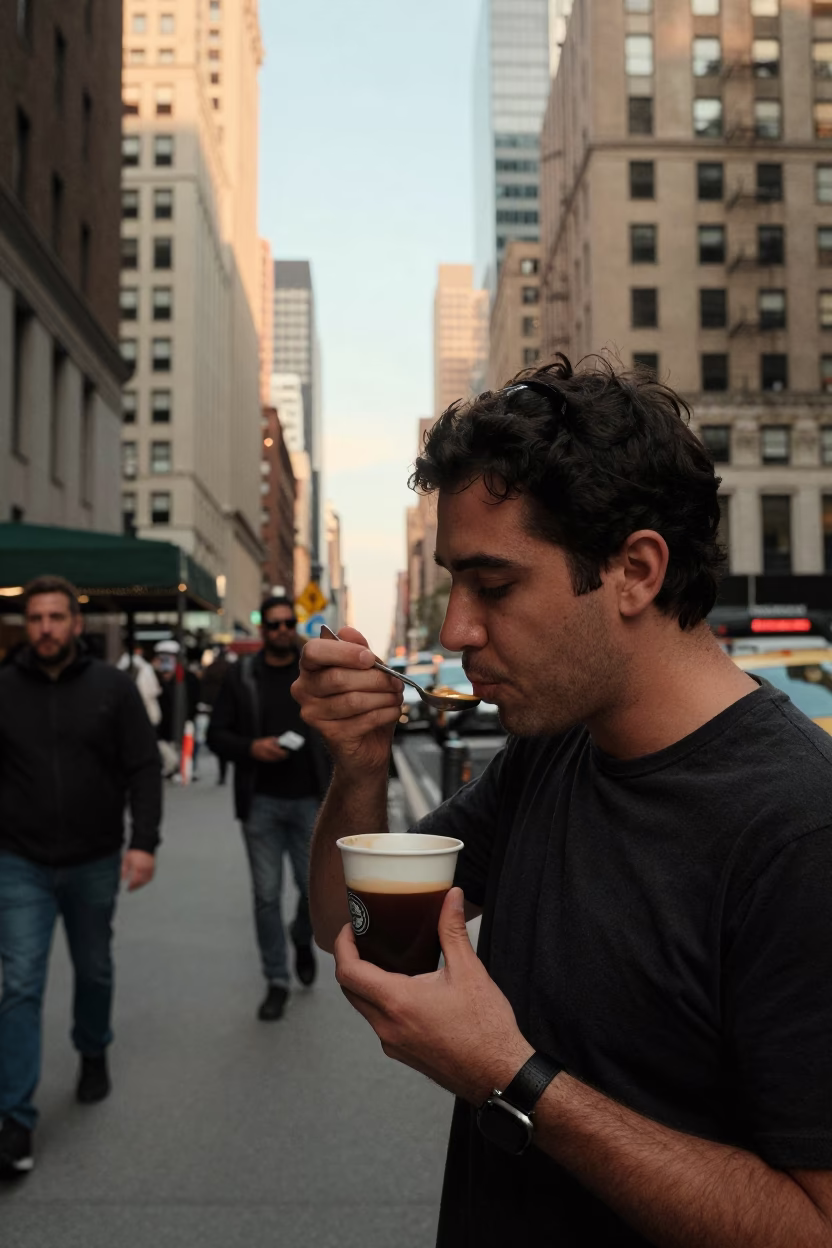 Golden Hour Street Scene in New York City with Concrete Architecture and Coffee Cupper in in New York, New York, United States