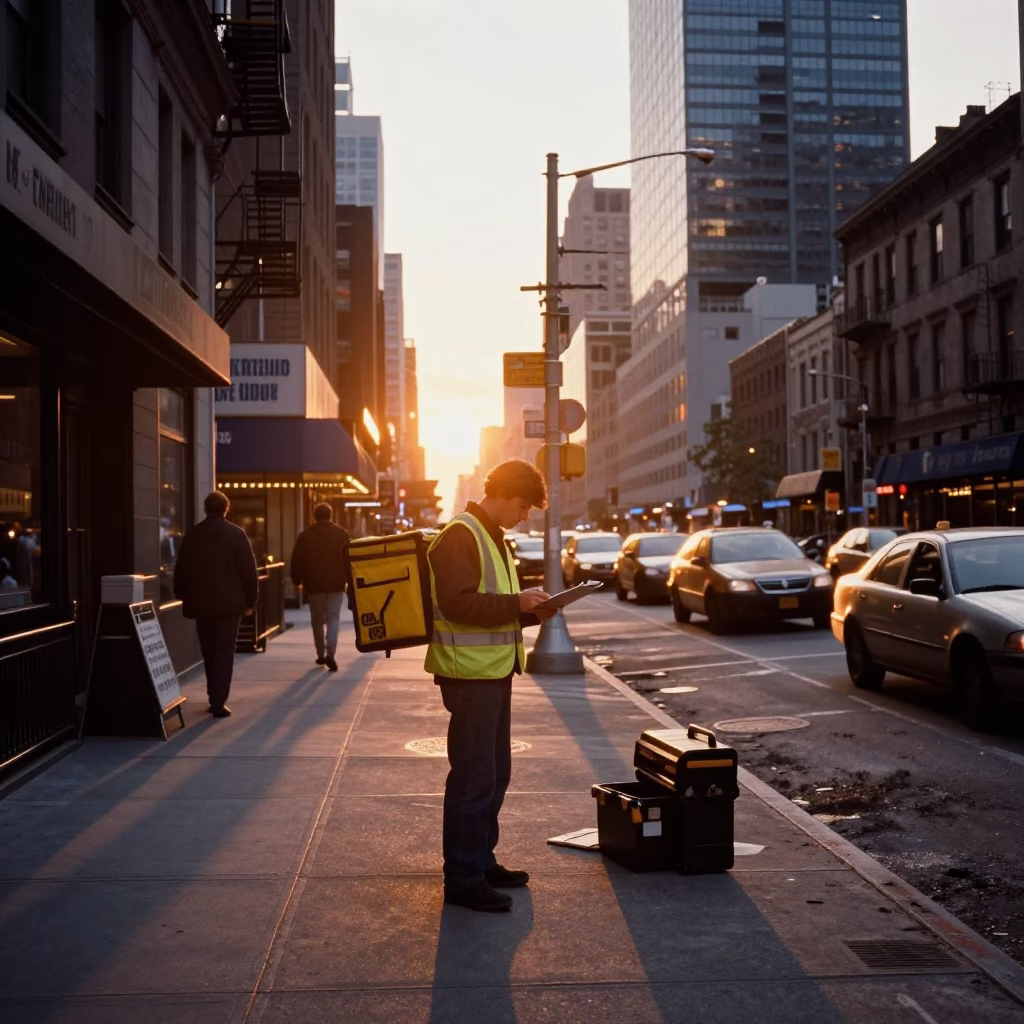 Golden Hour Street Scene in New York City with Construction Toolbox and Sidewalk Details in in New York, New York, United States