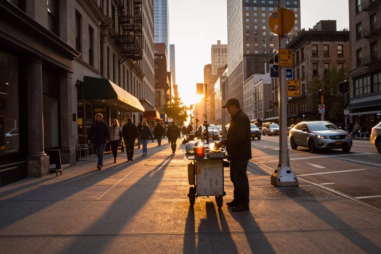 Golden Hour Street Scene in New York City with Food and Pedestrians in in New York, New York, United States
