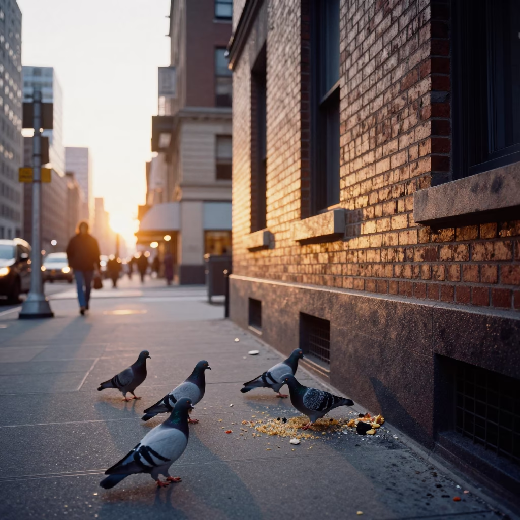 Golden Hour Street Scene in New York City with Pigeons and Urban Skyline Details in in New York, New York, United States