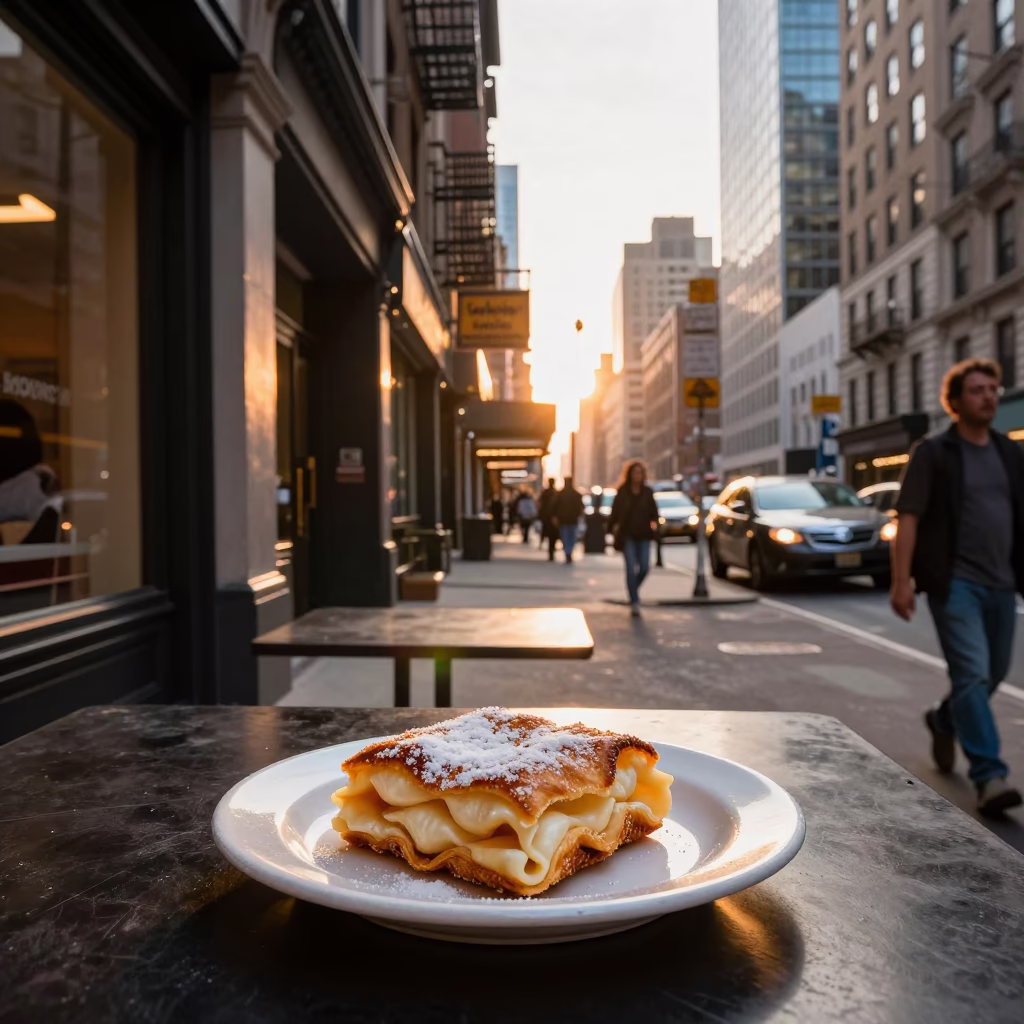Golden Hour Street Scene in New York City with Plate of Sfogliatelle in in New York, New York, United States