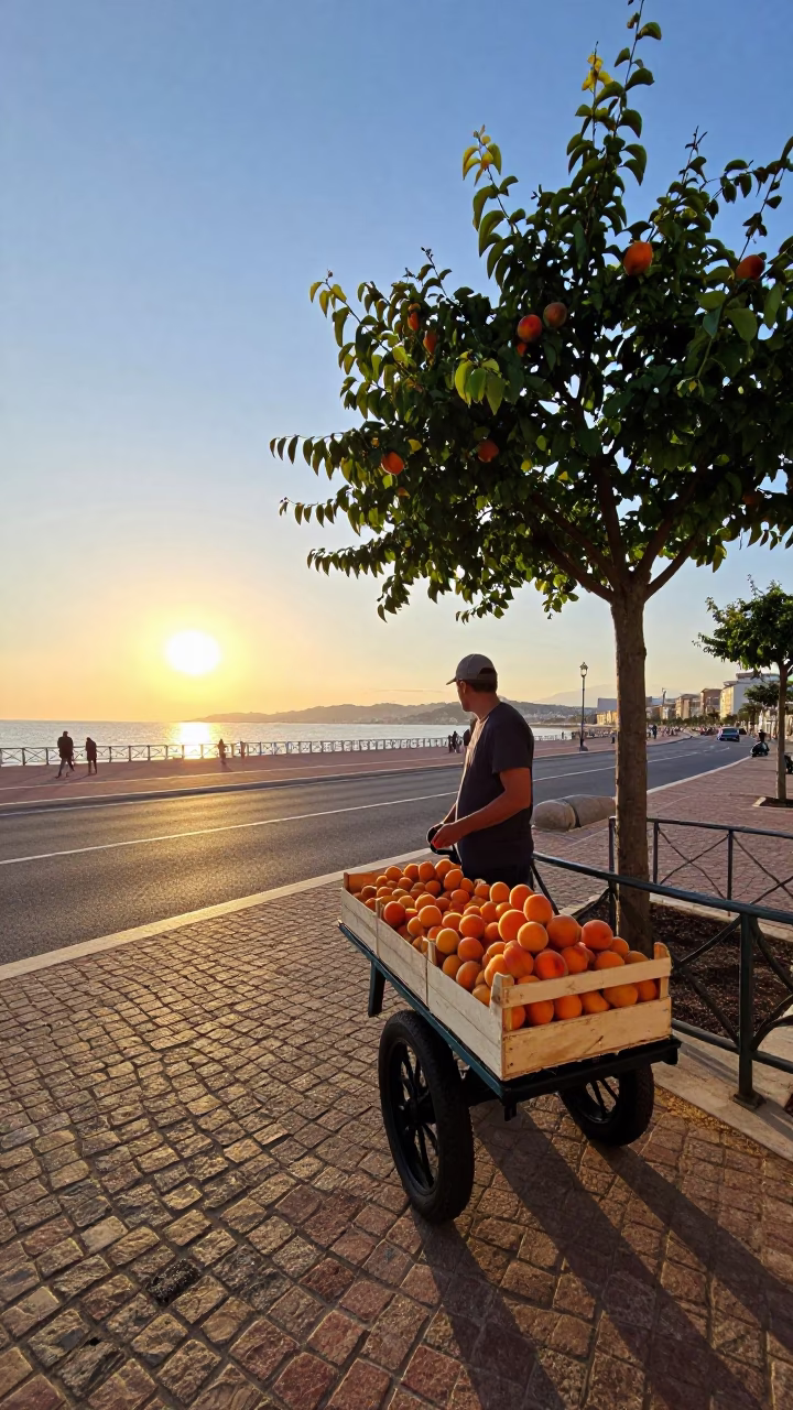 Golden Hour Street Scene in Nice France with Apricots and Steel Frame in in Nice, France