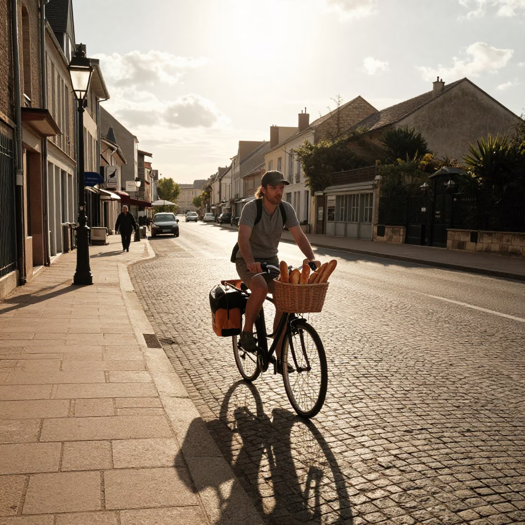 Golden Hour Street Scene in Nice France with Bicycle Baguettes and Condensation in in Nice, France
