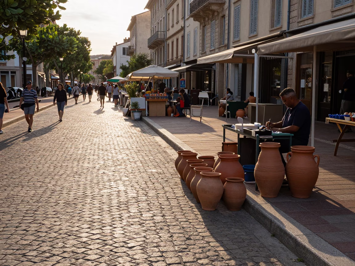 Golden Hour Street Scene in Nice France with Clay Pots and Local Market Vibe in in Nice, France