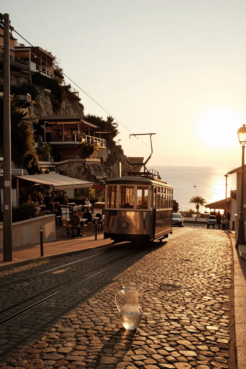 Golden Hour Street Scene in Nice France with Funicular and Glass Pitcher in in Nice, France
