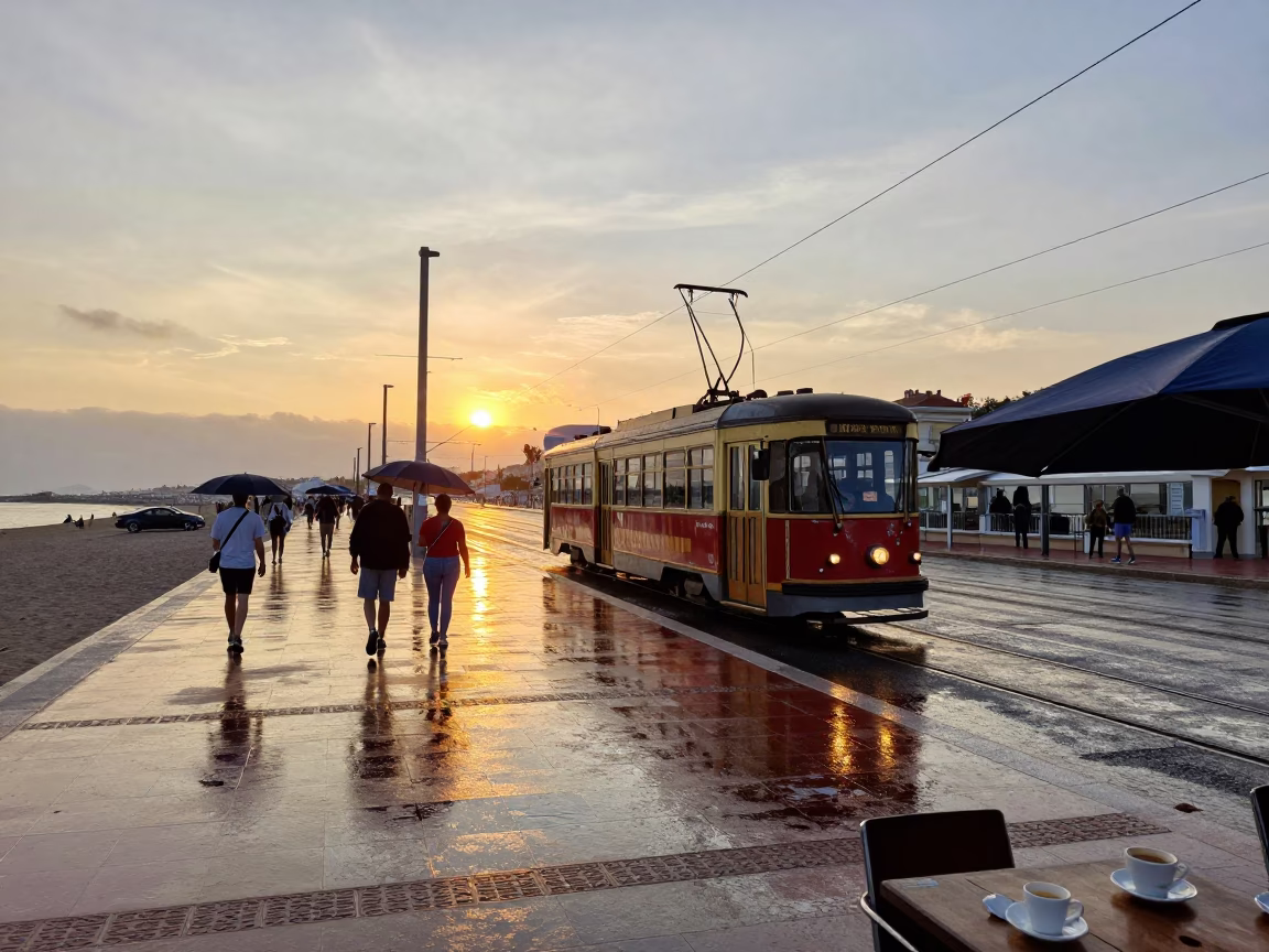 Golden Hour Street Scene in Nice France with Heritage Tram and Cafe Coffee Mugs in in Nice, France
