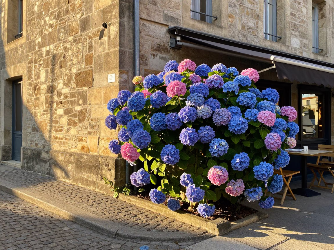 Golden Hour Street Scene in Nice France with Hydrangea Bush and Local Cafe Table in in Nice, France