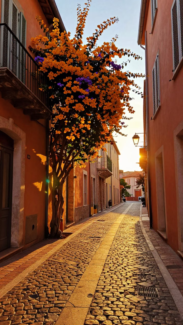 Golden Hour Street Scene in Nice France with Jaunes Bougainvillea and Cobblestone Alley in in Nice, France