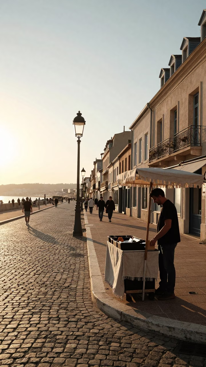 Golden Hour Street Scene in Nice France with Linen Fringe and Local Details in in Nice, France