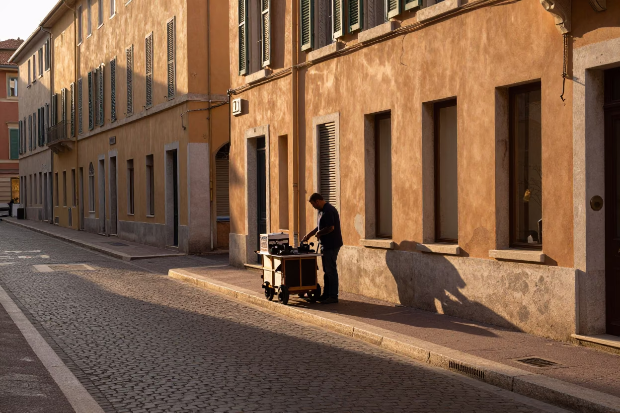 Golden Hour Street Scene in Nice France with Local Vendor and Window Light in in Nice, France