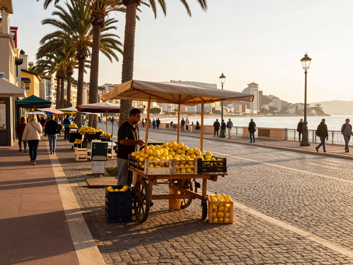 Golden Hour Street Scene in Nice France with Market Stalls and Lemons in in Nice, France