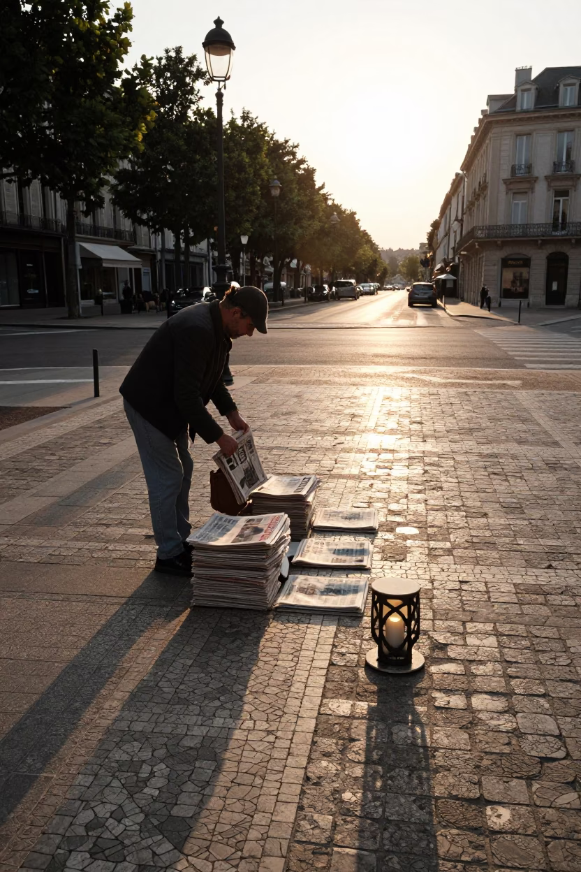 Golden Hour Street Scene in Nice France with Newspaper and Candle Holder in in Nice, France