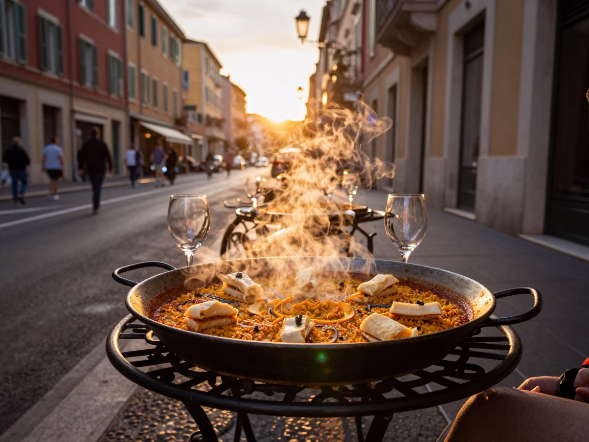 Golden Hour Street Scene in Nice France with Paella and Petit Fours in in Nice, France