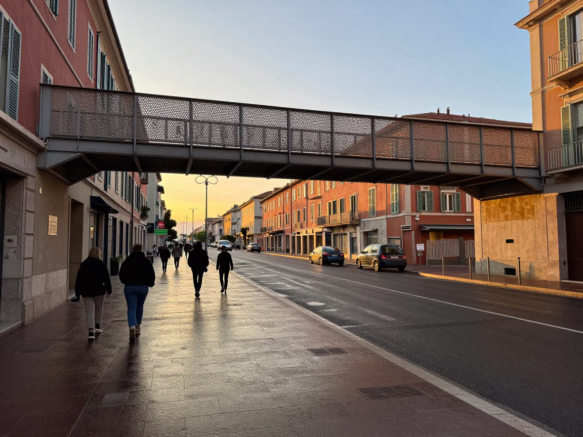 Golden Hour Street Scene in Nice France with Pedestrian Overpass and Wet Footsteps in in Nice, France
