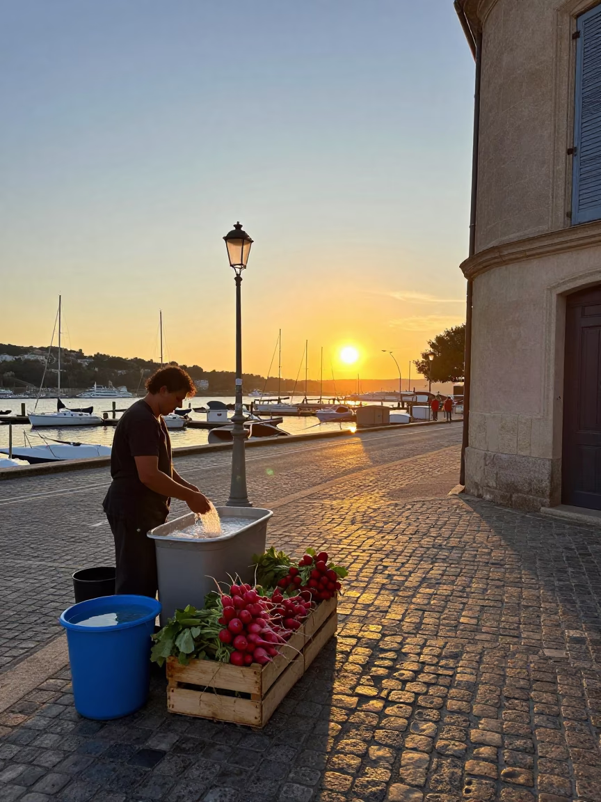 Golden Hour Street Scene in Nice France with Radishes and Wash Basin in in Nice, France