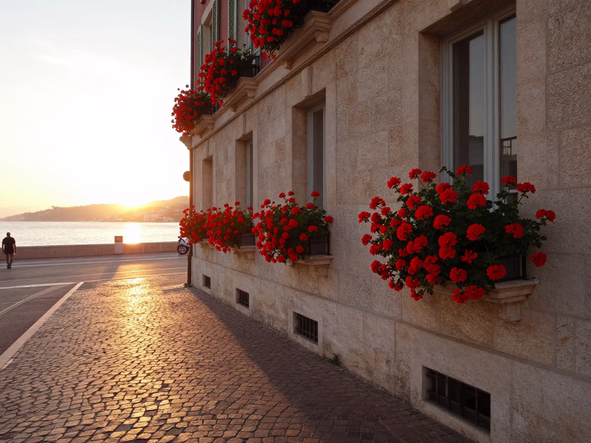 Golden Hour Street Scene in Nice France with Red Geraniums and Coastal Architecture in in Nice, France