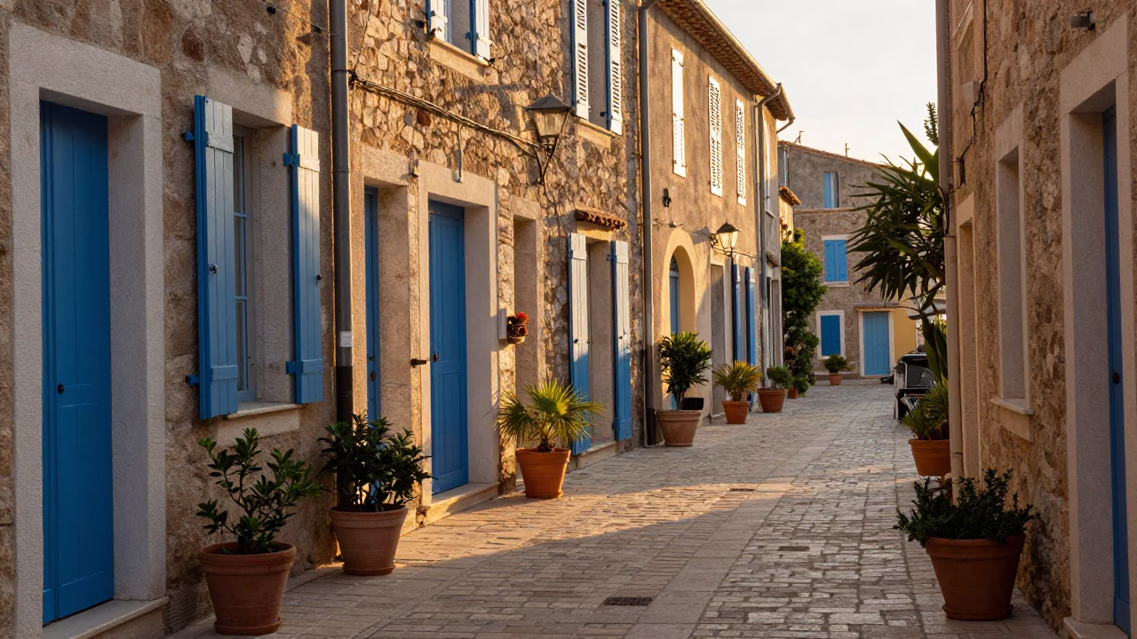 Golden Hour Street Scene in Nice France with Terracotta Pots and Local Life in in Nice, France