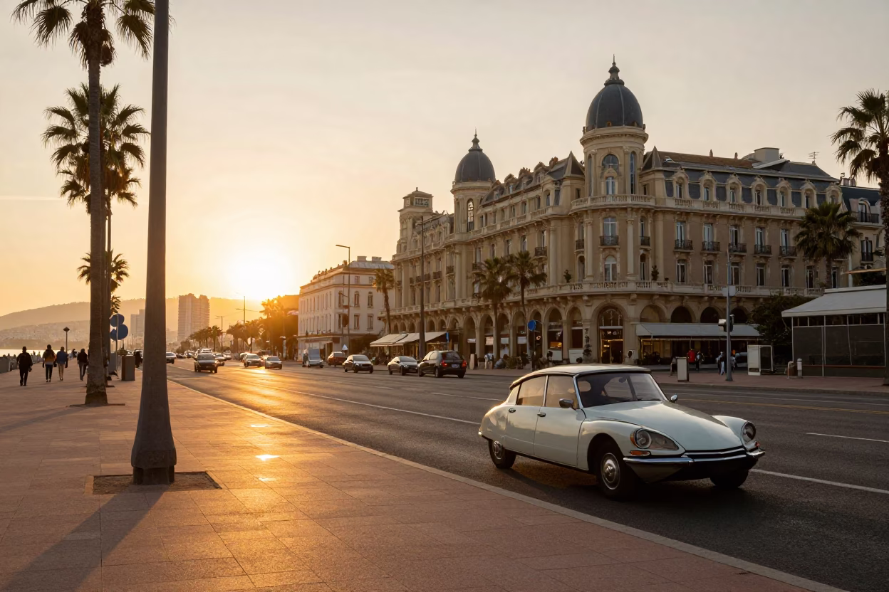 Golden Hour Street Scene in Nice France with Vintage 1970s Aesthetic and Local Life in in Nice, France