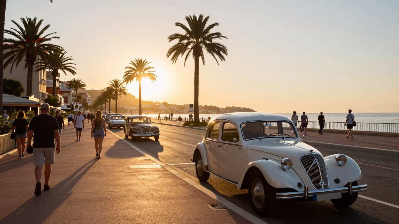 Golden Hour Street Scene in Nice France with Vintage Cars and Local Pedestrians in in Nice, France
